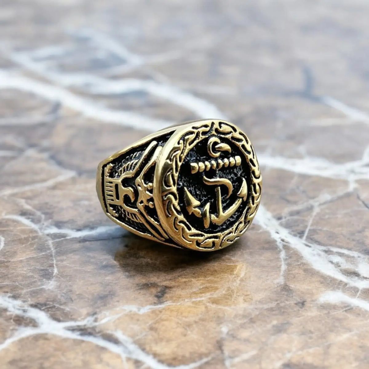 BAGUE MILITAIRE STYLE NAVAL - ANCRE MARINE (ACIER DORÉ)