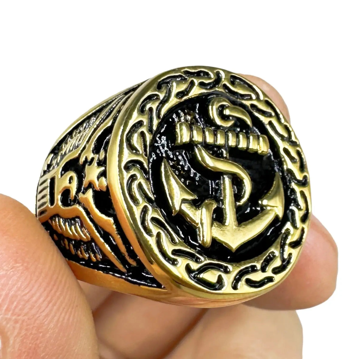 BAGUE MILITAIRE STYLE NAVAL - ANCRE MARINE (ACIER DORÉ)