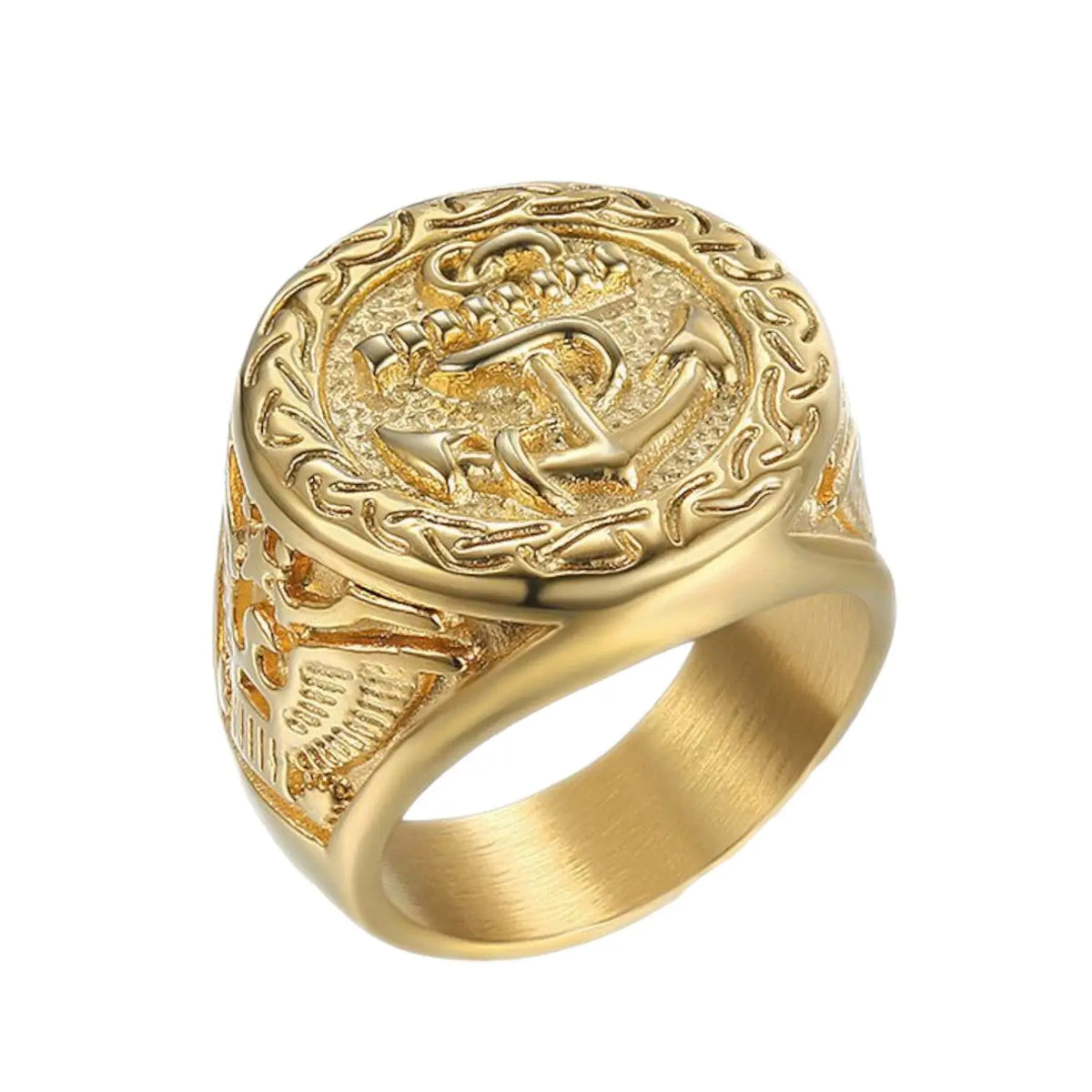 BAGUE MILITAIRE STYLE NAVAL - ANCRE MARINE (ACIER DORÉ)