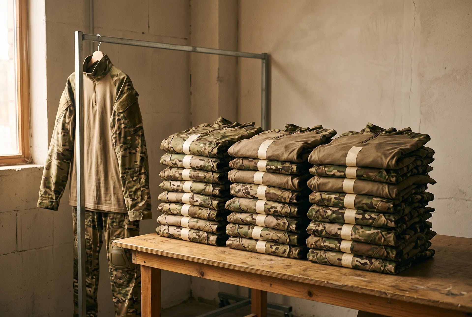 Tenues militaires identiques pliées en piles, prêtes à partir en lot