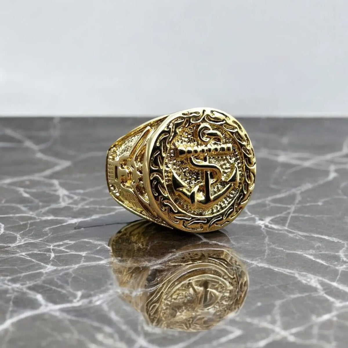 BAGUE MILITAIRE STYLE NAVAL - ANCRE MARINE (ACIER DORÉ)