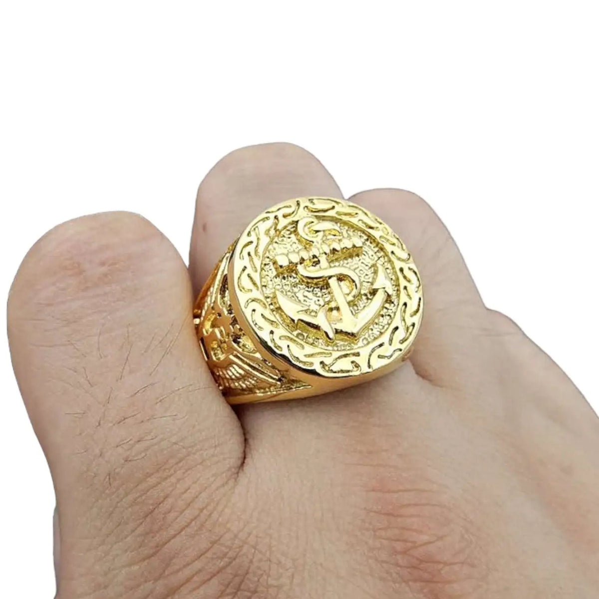 BAGUE MILITAIRE STYLE NAVAL - ANCRE MARINE (ACIER DORÉ)