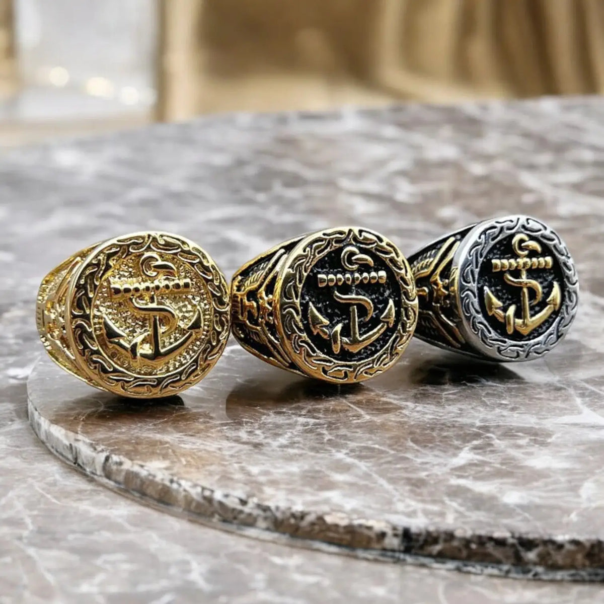 BAGUE MILITAIRE STYLE NAVAL - ANCRE MARINE (ACIER DORÉ)