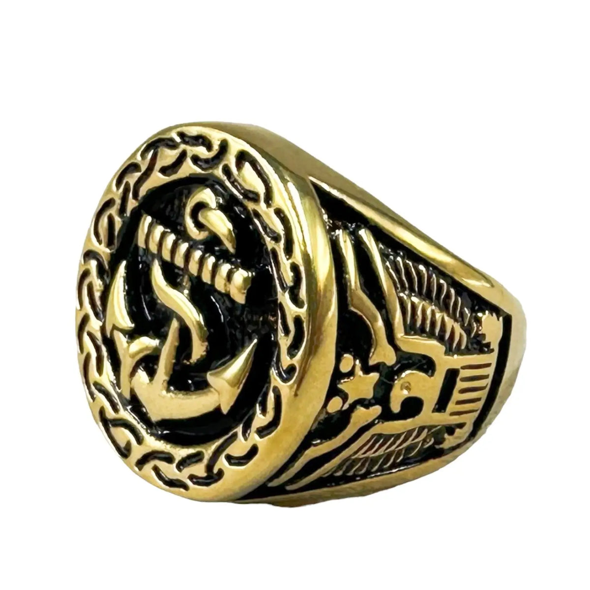 BAGUE MILITAIRE STYLE NAVAL - ANCRE MARINE (ACIER DORÉ)