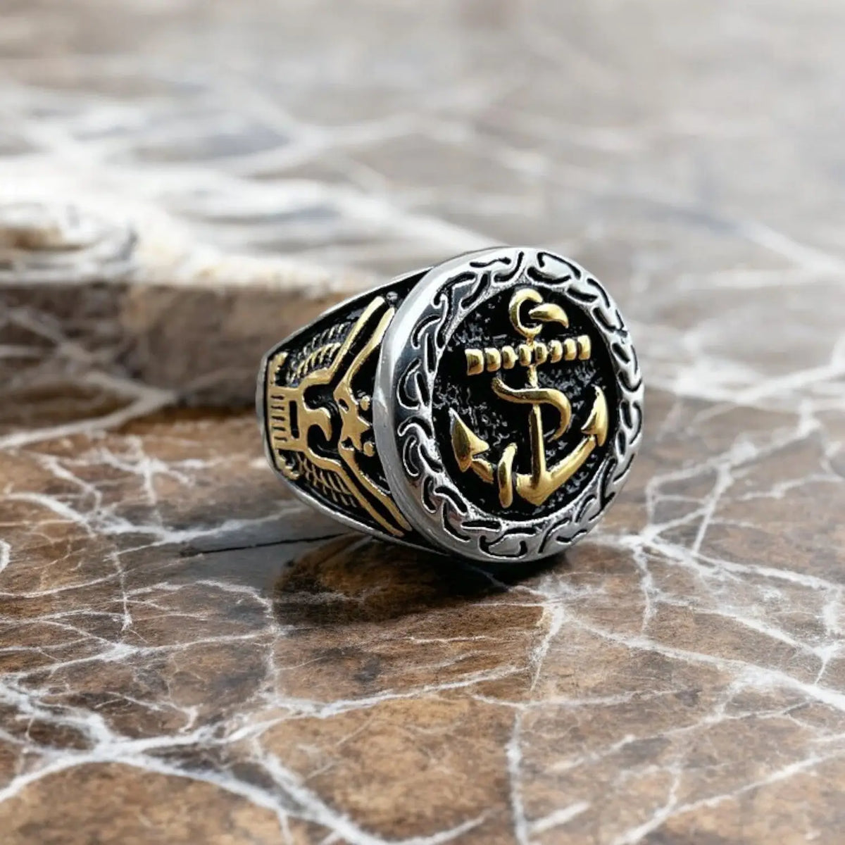 BAGUE MILITAIRE STYLE NAVAL - ANCRE MARINE (ACIER DORÉ)