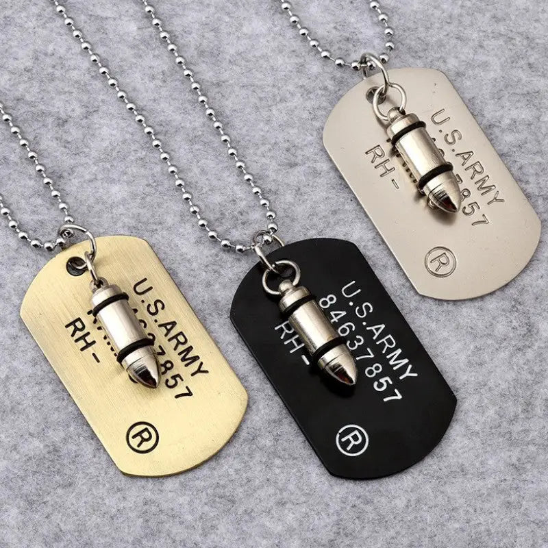 PLAQUE MILITAIRE AVEC MOTIF MUNITION (ACIER INOXYDABLE)